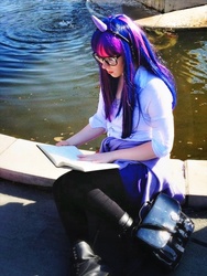 Size: 720x960 | Tagged: source needed, safe, artist:mintyblitzz, twilight sparkle, human, g4, book, cosplay, female, glasses, irl, irl human, photo, reading, solo