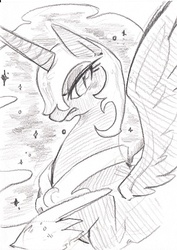 Size: 413x584 | Tagged: safe, artist:mi-eau, nightmare moon, alicorn, pony, g4, female, grayscale, mare, monochrome, simple background, solo, traditional art, white background
