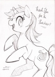 Size: 494x693 | Tagged: safe, artist:mi-eau, lyra heartstrings, pony, unicorn, g4, female, grayscale, mare, monochrome, rearing, simple background, solo, traditional art, white background