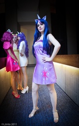Size: 567x900 | Tagged: safe, artist:klytaemnestra, fluttershy, pinkie pie, rarity, twilight sparkle, human, g4, clothes, cosplay, cutie mark on clothes, dragon con, high heels, irl, irl human, photo
