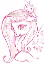 Size: 397x576 | Tagged: safe, artist:mi-eau, angel bunny, fluttershy, g4, floral head wreath, flower, monochrome, traditional art