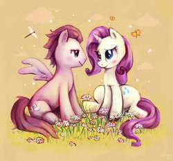 Size: 926x863 | Tagged: safe, artist:pacbee, rarity, oc, oc:kydose, butterfly, dragonfly, g4, canon x oc, female, flower, grass, love, male, raridose, shipping, sitting, straight