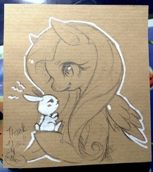 Size: 472x531 | Tagged: safe, artist:mi-eau, angel bunny, fluttershy, g4, cardboard, carrying, monochrome, partial color, pet, photo, sepia, traditional art