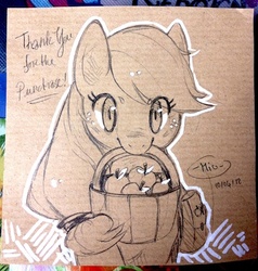 Size: 472x495 | Tagged: safe, artist:mi-eau, applejack, earth pony, pony, g4, apple, bag, basket, eye clipping through hair, female, mare, monochrome, mouth hold, saddle bag, signature, smiling, solo, traditional art