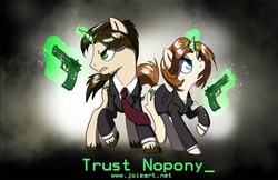 Size: 900x582 | Tagged: safe, artist:joieart, clothes, dana scully, fox mulder, gun, magic, ponified, suit, telekinesis, the x files, weapon, x-files