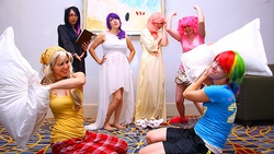 Size: 700x394 | Tagged: safe, artist:rose0fmay, applejack, fluttershy, pinkie pie, rainbow dash, rarity, twilight sparkle, human, g4, cosplay, irl, irl human, photo