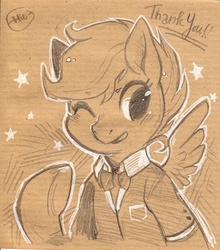Size: 436x496 | Tagged: safe, artist:mi-eau, scootaloo, pegasus, pony, g4, bowtie, clothes, female, filly, foal, monochrome, one eye closed, open mouth, raised hoof, shirt, signature, solo, spread wings, stars, traditional art, wings