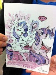 Size: 630x850 | Tagged: safe, artist:mi-eau, rarity, twilight sparkle, g4, ..., book, brush, grooming, haircut, japan expo, magic, photo, scissors, sitting, speech bubble, traditional art, watercolor painting