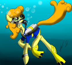 Size: 1192x1084 | Tagged: safe, artist:theorous, carrot top, golden harvest, earth pony, pony, g4, female, flippers (gear), goggles, scuba diving, scuba gear, solo, swim mask, underwater, wetsuit