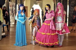 Size: 1280x850 | Tagged: safe, artist:anima89, artist:serebii42, artist:yukkistyu, pinkie pie, rainbow dash, rarity, twilight sparkle, human, g4, cosplay, irl, irl human, photo