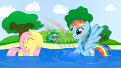 Size: 1920x1080 | Tagged: safe, artist:galekz, fluttershy, rainbow dash, pegasus, pony, g4, duo, duo female, female, lake, mare, rainbow, splashing