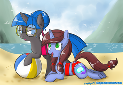 Size: 1024x711 | Tagged: safe, artist:pijinpyon, oc, oc only, pony, unicorn, beach, beach ball, bikini, clothes, glasses, sweat, swimsuit