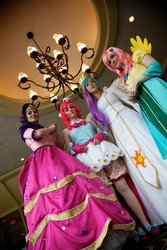 Size: 900x1350 | Tagged: safe, artist:cepiapon, artist:g0n3morganna, artist:sadwonderland, artist:windaria, fluttershy, pinkie pie, princess celestia, rarity, human, g4, animenext, clothes, convention, cosplay, dress, gala dress, irl, irl human, photo, stairs