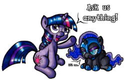 Size: 1805x1165 | Tagged: safe, artist:darkone10, nightmare moon, twilight sparkle, alicorn, pony, g4, cute, female, filly, mare, nightmare woon, tumblr:asktwilyandwoon, twilight sparkle (alicorn)