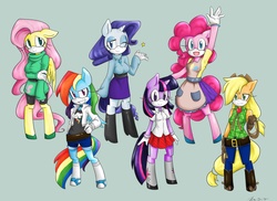 Size: 6600x4800 | Tagged: safe, artist:mess-anime-artist, applejack, fluttershy, pinkie pie, rainbow dash, rarity, twilight sparkle, anthro, unguligrade anthro, g4, absurd resolution, clothes, mane six, sonic the hedgehog (series), sonicified, style emulation, sweater, sweatershy