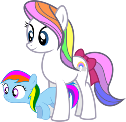 Size: 1041x1013 | Tagged: safe, artist:kaylathehedgehog, first born, rainbow dash (g3), earth pony, pony, g1, g3, g4, adoraborn, bow, child, cute, daughter, family, female, filly, frown, g1 to g4, g3 dashabetes, g3 to g4, generation leap, mare, mother, mother and child, mother and daughter, multicolored hair, rainbow hair, rainbow tail, simple background, smiling, tail, tail bow, transparent background, vector