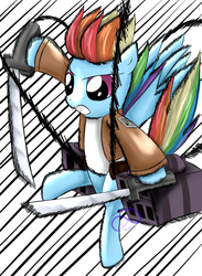 Size: 1100x1500 | Tagged: safe, artist:poisonicpen, rainbow dash, g4, 3d maneuver gear, attack on titan, female, parody, solo