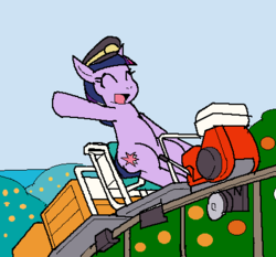 Size: 420x392 | Tagged: safe, artist:tetsutowa, twilight sparkle, pony, unicorn, g4, ^^, eyes closed, female, happy, hat, mare, monorail, open mouth, open smile, railfan twilight, raised hoof, sitting, smiling, solo, tree, unicorn twilight