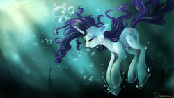 Size: 1920x1080 | Tagged: safe, artist:chocori, rarity, pony, unicorn, g4, asphyxiation, bubble, drowning, eyes closed, female, solo, underwater, wallpaper, water