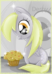 Size: 1748x2480 | Tagged: safe, artist:sugarcubecake, derpy hooves, pegasus, pony, g4, female, glitter, mare, muffin, scrunchy face, solo