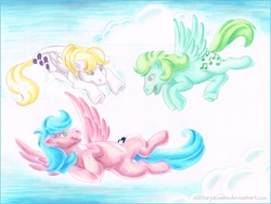 Size: 988x743 | Tagged: safe, artist:solitaryzombie, firefly, medley, surprise, g1, cloud, cloudy, traditional art