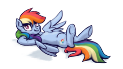 Size: 1200x675 | Tagged: safe, artist:kaermter, rainbow dash, pegasus, pony, g4, female, on back, solo, underhoof