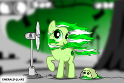 Size: 2576x1717 | Tagged: safe, artist:pinkius, oc, oc only, oc:emerald glare, chubbie, fan, solo, windswept mane