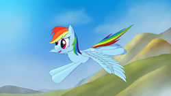 Size: 2844x1600 | Tagged: safe, artist:crusierpl, rainbow dash, pegasus, pony, g4, chest fluff, female, flying, mountain, solo, wallpaper