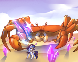 Size: 1280x1024 | Tagged: safe, artist:karzahnii, rarity, crab, giant crab, pony, unicorn, g4, butt, female, levitation, magic, mare, plot, rarity fighting a giant crab, telekinesis