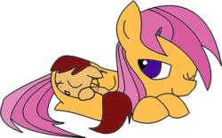 Size: 600x375 | Tagged: safe, artist:youwillneverkno, scootaloo, oc, oc:lightning blitz, pegasus, pony, g4, baby, baby pony, colt, male, mother and son, motherly scootaloo, nap, offspring, one eye closed, parent:rain catcher, parent:scootaloo, parents:catcherloo, simple background, sleeping, transparent background