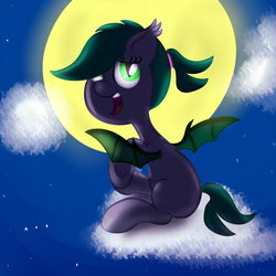 Size: 2200x2200 | Tagged: safe, artist:cosmonaut, oc, oc only, oc:ivy, bat pony, pony, cloud, cloudy, female, filly, moon, night, solo