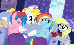 Size: 1588x956 | Tagged: safe, artist:sorcerushorserus, derpy hooves, firefly, rainbow dash, surprise, pegasus, pony, g1, g4, backwards thermometer, blanket, bowl, box, cloud, cloudy, couch, curtains, female, g1 to g4, generation leap, hat, ice pack, mare, nose blowing, nurse, sick, soup, sweat, thermometer, tissue, tissue box