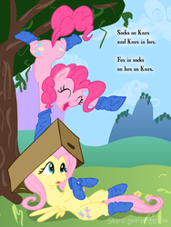 Size: 1152x1536 | Tagged: safe, artist:snapai, fluttershy, pinkie pie, g4, box, clothes, dr. seuss, fox in socks, socks