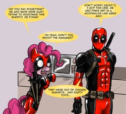 Size: 1280x1158 | Tagged: safe, pinkie pie, g4, ask-pinkie-pool, clothes, cosplay, costume, deadpool, marvel, pinkiepool, text