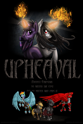 Size: 3000x4464 | Tagged: safe, artist:gonedreamer, applejack, rainbow dash, twilight sparkle, oc, fanfic:upheaval, g4, armor, fanfic, fanfic art, fanfic cover, fire, flying, frown, grin, gritted teeth, magic, pyromancy, raised hoof, smiling, spread wings, standing