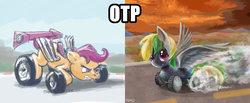 Size: 1232x506 | Tagged: safe, artist:giantmosquito, artist:owlvortex, scootaloo, oc, oc:wheely bopper, original species, wheelpone, g4, exploitable meme, meme, otp, racecar