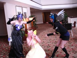 Size: 1024x768 | Tagged: safe, fluttershy, nightmare moon, human, g4, cosplay, irl, irl human, photo, shadowbolts