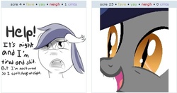 Size: 522x274 | Tagged: safe, oc, oc only, oc:echo, bat pony, pony, derpibooru, g4, exploitable meme, juxtaposition, juxtaposition win, meme, meta, sad