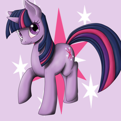Size: 1600x1600 | Tagged: safe, twilight sparkle, pony, unicorn, g4, ask-sodia, eye clipping through hair, female, looking at you, mare, simple background, smiling, smiling at you, solo, standing on two hooves, unicorn twilight