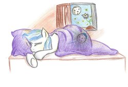 Size: 1024x695 | Tagged: safe, artist:kattomierz, oc, oc only, oc:moonlight flare, pegasus, pony, bed, night, sleeping, solo, traditional art, window