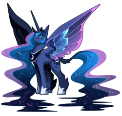 Size: 2635x2521 | Tagged: safe, artist:frogbians, princess luna, alicorn, pony, g4, colored wings, female, horn, leonine tail, long horn, long mane, long tail, mare, multicolored wings, simple background, solo, spread wings, transparent background, unshorn fetlocks, wings