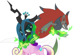 Size: 1412x1064 | Tagged: safe, artist:seaandsunshine, queen chrysalis, changeling, gardevoir, zoroark, g4, crossover, disguise, disguised changeling, duo, fake cadance, magic, pokémon, pringle ear, simple background, transformation, transparent background, vector