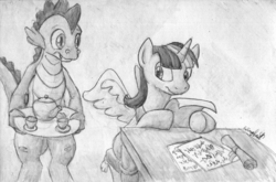 Size: 896x592 | Tagged: safe, artist:wingbeatpony, spike, twilight sparkle, alicorn, pony, g4, female, mare, older, tea, traditional art, twilight sparkle (alicorn)