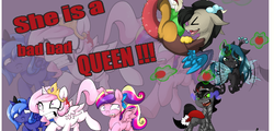 Size: 643x308 | Tagged: dead source, safe, artist:nightmarelion, discord, king sombra, princess cadance, princess celestia, princess luna, queen chrysalis, nymph, g4, cewestia, colt, filly, pink-mane celestia, s1 luna, tomatoes, woona