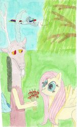 Size: 3264x5414 | Tagged: safe, discord, fluttershy, rainbow dash, g4, female, flower, male, outdoors, ship:discoshy, shipping, straight, watercolor painting