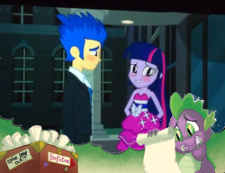 Size: 1040x798 | Tagged: safe, edit, edited screencap, idw, screencap, flash sentry, spike, twilight sparkle, equestria girls, g4, my little pony equestria girls, blushing, fall formal outfits, fanfic, female, male, ship:flashlight, shipping, straight