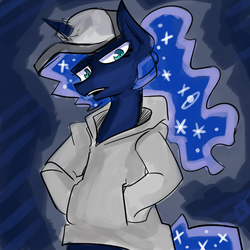 Size: 1000x1000 | Tagged: safe, artist:fauxsquared, princess luna, pony, luna-afterdark, g4, bipedal, clothes, female, hat, hoodie, solo