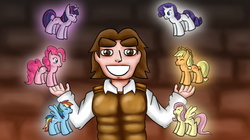 Size: 601x337 | Tagged: safe, artist:firenic, applejack, fluttershy, pinkie pie, rainbow dash, rarity, twilight sparkle, earth pony, human, pegasus, pony, unicorn, g4, clothes, dungeons of dredmor, hand, mane six, smiling