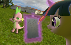 Size: 1197x761 | Tagged: safe, artist:flare-chaser, spike, twilight sparkle, dragon, pony, g4, 3d, female, gmod, male, mare