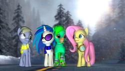 Size: 1366x768 | Tagged: safe, artist:legoguy9875, derpy hooves, dj pon-3, fluttershy, vinyl scratch, oc, pegasus, pony, g4, 3d, female, gmod, mare, winter